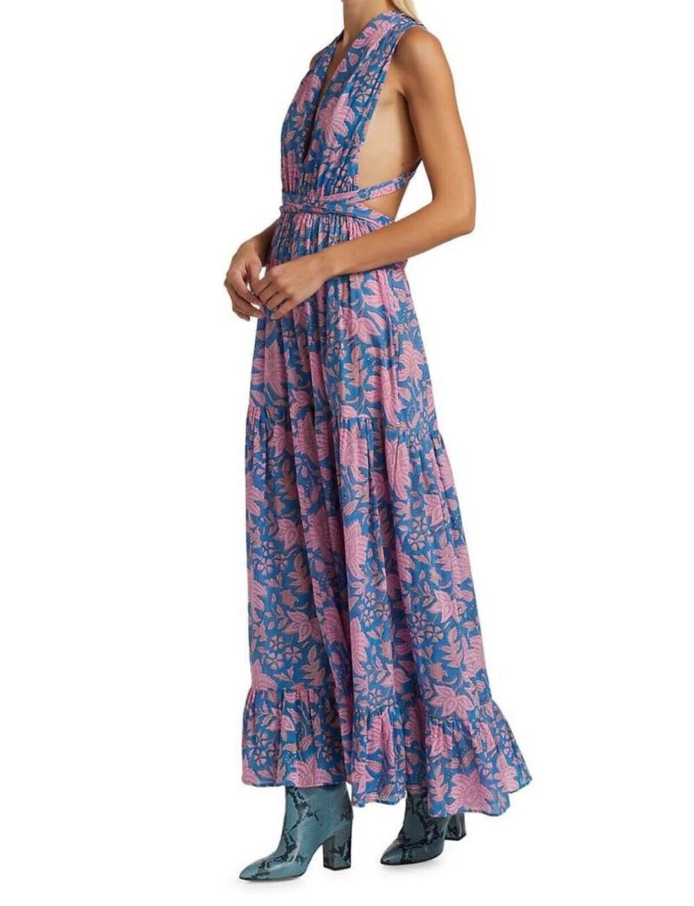 HANNAH ARTWEAR Chloe Floral Cross Back Maxi Dress Pink Blue Designer 2 US M